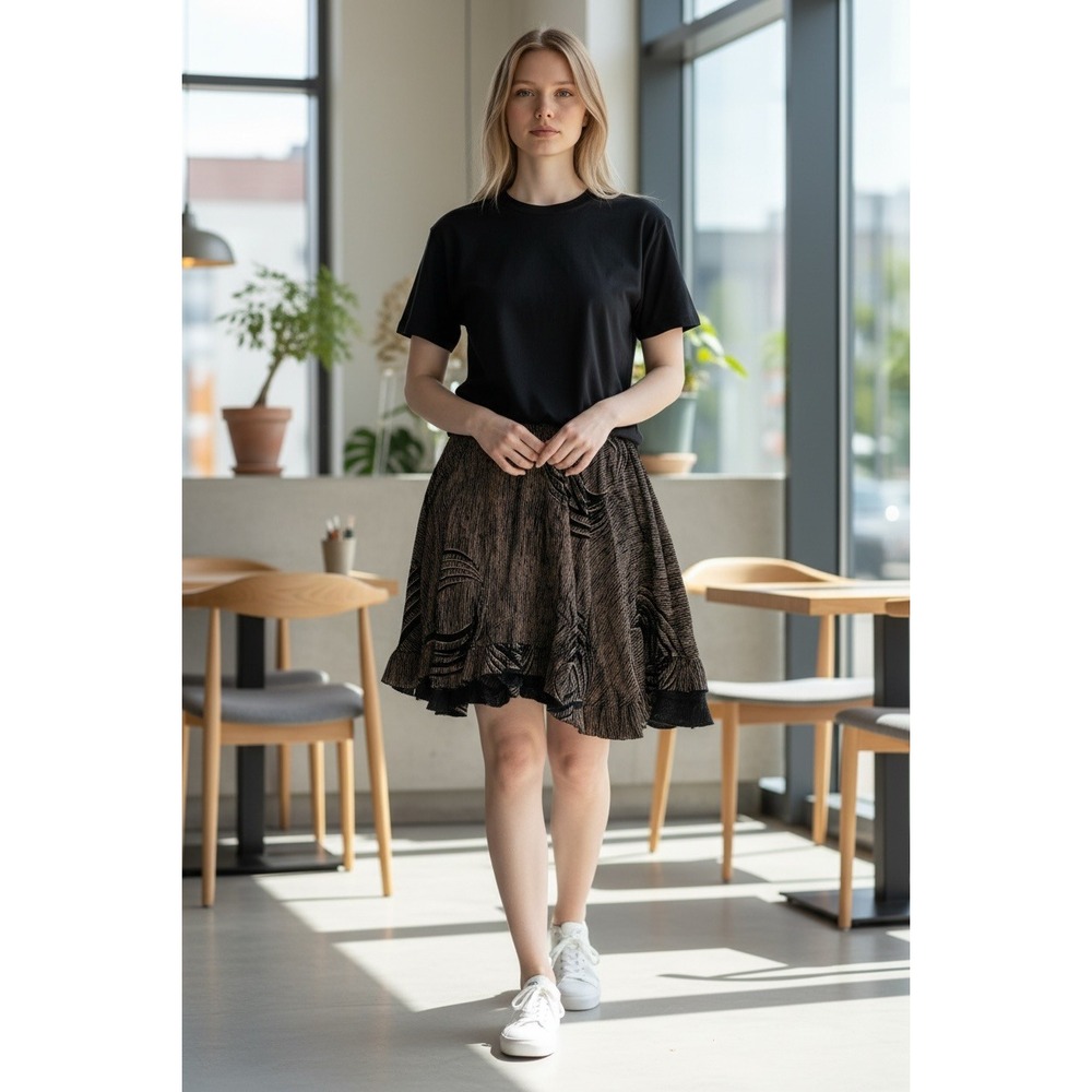 Bambu‎ Women's One Size Abstract Print Flared Skirt Black Tan Lace Trim